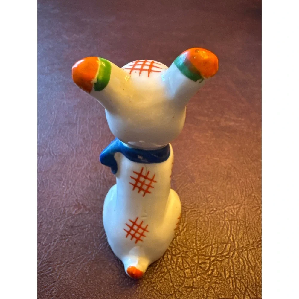 Vintage Hand Painted Japan Porcelain Dog Figurine Blue Bow Tie Patch Detail